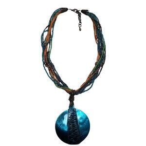Mother of Pearl Pendant Necklace Dyed Ocean Blue Beaded Multi-Strand 24 in.